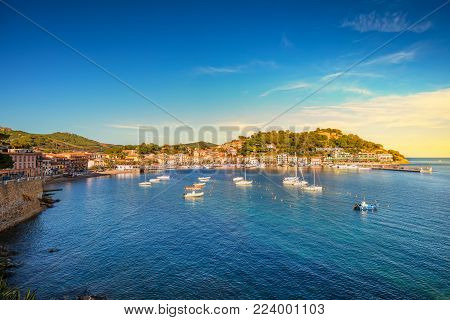 Elba island, Porto Azzurro village bay view. Tuscany, Italy, Europe