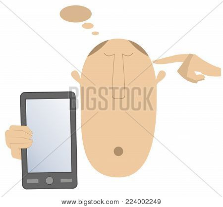 Thinking head, hand and smart phone vector illustration. Man holds smart phone, thinks about something and points finger to the head isolated on white illustration