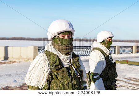 Samara, Russia - January 27, 2018: Unidentified Russian soldiers in modern military winter uniform at the street during the city festival. Military, war, conflict, soldiers concept