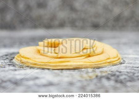 Side view apple slices. Apple tart slices, side view.