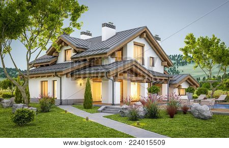3D Rendering Of Modern Cozy House In Chalet Style