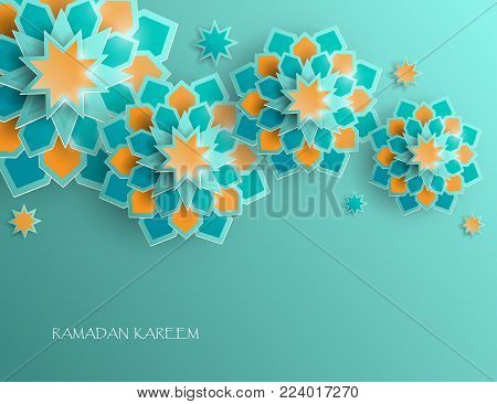 Greeting card with intricate Arabic paper graphic of Islamic geometric art. Ramadan Kareem is the name of the glorious month of Ramadan. Muslim community festival