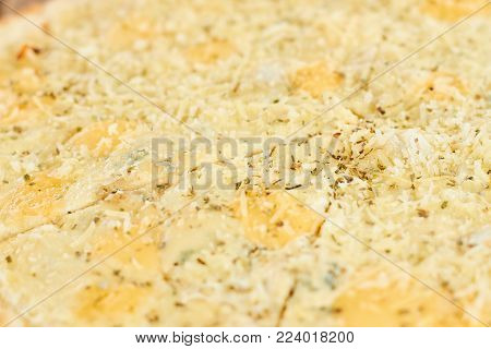 Cheese pizza filling close up. Macro view on cheese pizza stuff.