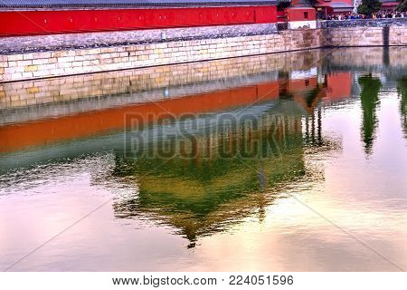Rear Gate Reflection Heavenly Purity Gugong Forbidden City  Moat Canal Plaace Wall Beijing China. Emperor's Palace Built in the 1600s in the Ming Dynasty
