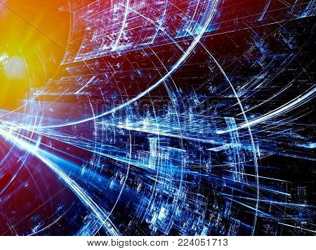 Tech tunnel - abstract computer-generated 3d illustration. Digital art: inner surface of the structure of glass, covered with scratches and stripes. For web design, covers, posters.