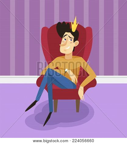 Egotistical modern prince sitting on a throne, funny young man comic character posing on the background of living room apartment colorful vector illustration in cartoon style.