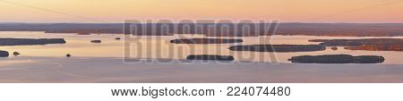 Panoramic finnish landscape at sunset. Lake Pielinien. Koli viewpoint. Finland