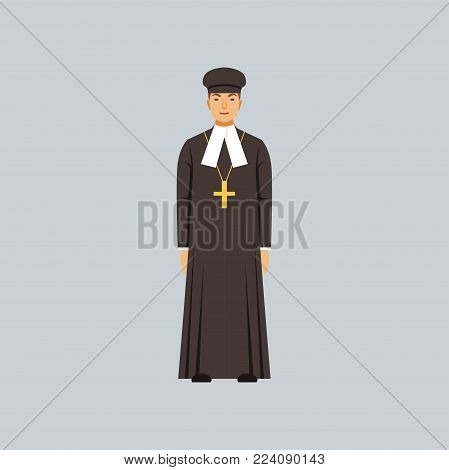 Catholic priest in black soutane, representative of Protestantism religious confession vector Illustration in a flat style