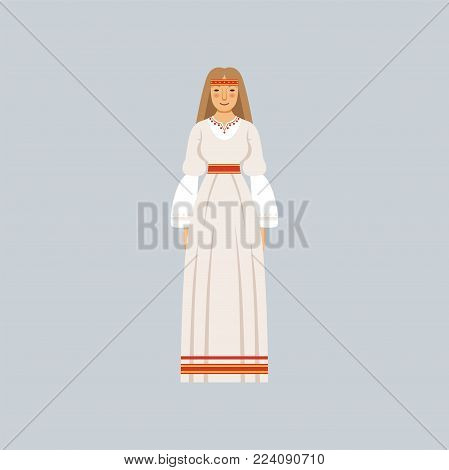 Young woman in traditional Slavic or pagan costume, representative of religious confession vector Illustration in a flat style