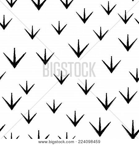 Simple seamless abstract pattern with sylized bird footprints or grass. Vector illustration. Black and white.