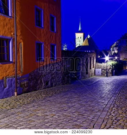 Illuminated fortress at night in Bautzen in the federal state of Saxony in Germany