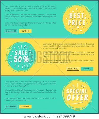 Half price special offer cards vector illustration with ad text isolated on light yellow and green backgrounds, colorful push-buttons and stickers