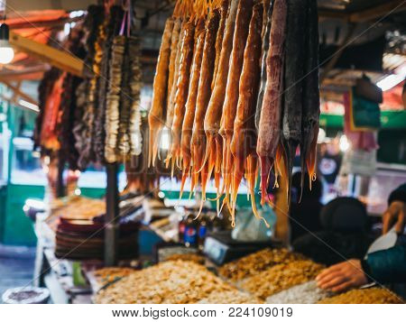 close up view of arranged traditional georgian desserts churchchel on street market