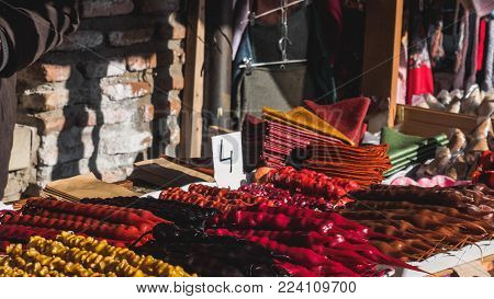 close up view of arranged traditional georgian desserts churchchel on street market
