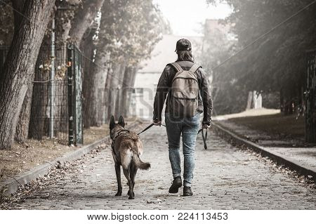 a woman with a Belgian Malinois shepherd. Post apocalypse. walking with his dog. a path in a forest