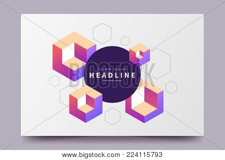 Abstract colorful isometric background. Horizontal minimalistic poster with isometric cubes and place for text. Applicable for party invitation, conference invite, avertising, web page, flyer etc.