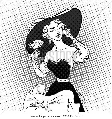 Speaking women. Mobile speaking women. Pretty retro posing model with big hat. Concept idea of advertisement and promo. Pop art retro style illustration. People in retro style. Halftone background.