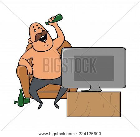 Fat man with a beer bottle watching TV, sitting in a chair. Vector illustration, isolated on white background.