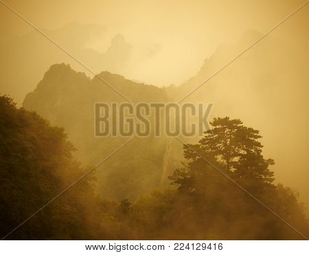 Sunrise at foggy Wudang mountain in Hubei province, China