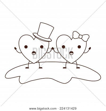 couple heart character kawaii holding hands and him with top hat and her with topknot in surprised expression in brown contour vector illustration
