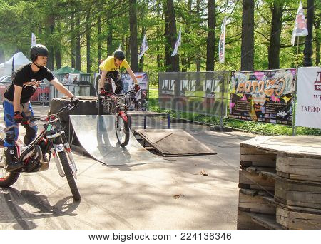 St. Petersburg, Russia - 18 May, Bikers between obstacles, 18 May, 2014.
Demonstration races athletes mototral to the audience.