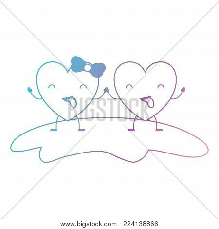 couple heart character kawaii holding hands and closed eyes and her with topknot in funny expression in degraded blue to purple color contour vector illustration