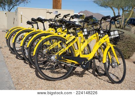 Scottsdale,Az,USA. 1.14.2018, The bike-sharing scene is getting more crowded in Scottsdale. The Phoenix Business Journal reported Ofo, a Chinese company, launched in the city this month.
