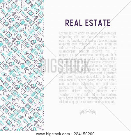 Rea estate concept with thin line icons: apartment house, bedroom, keys, elevator, swimming pool, bathroom, facilities. Modern vector illustration for web page, print media.