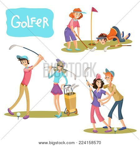 Set of illustrations of golf games. A guy and a girl on a playing field with sticks for a golf player in a cartoon style isolated on white background.