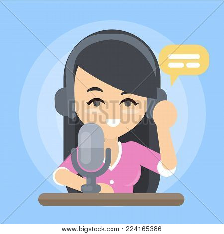 Radio show presenter with headset and microphone.