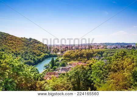 Aerial view of Besancon landscape with the Doubs River in summer