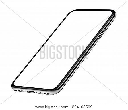 Perspective smartphone like iPhone X mockup. Perspective smartphone mockup front side CCW rotated isolated on white background. 3D illustration.