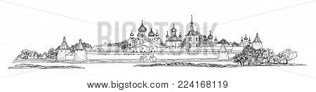 Russian famous landmark Solovki. Skyline view. Landscape of Solovki monastery.  Travel Russia background. Hand drawn sketch illustration.