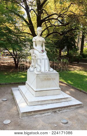 Merano, Italy - August 3, 2017: Empress Elisabeth of Austria (Sissi) statue in Merano, South Tyrol. Elisabeth visited Merano several times since 1870. The marble statue was build in 1903 by Hermann Klotz.