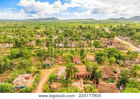 View from Manaca Iznaga tower to surrounding landscape with former slave plantations and cuban village hidden in the trees, closeto Trinidad, Cuba