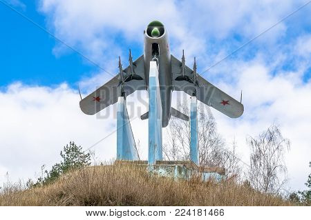 CITY OF RZHEV, TVER REGION, RUSSIA - APRIL 14.2017: Soviet fighter aircraft MiG-17 established as monument in honor of soldiers airmen members of the liberation of the city of Rzhev in the battles against the fascist invaders 1941-1943.