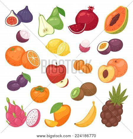 Fruits set vector fruity apple banana and exotic papaya with fresh slices of tropical dragonfruit or juicy orange illustration fruitful set isolated on white background.