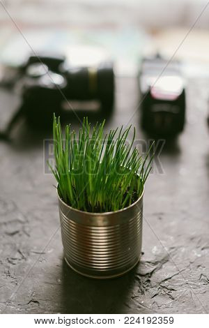 Grass growing in an iron jar on a black matte background with a camera in the background