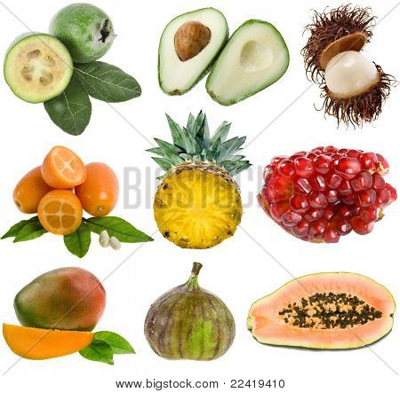 COLLEZIONE maturi freschi frutti esotici isolati on white