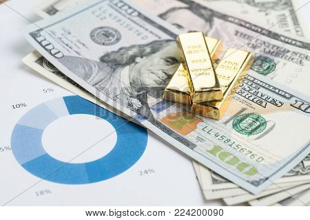 Wealth management or investment asset allocation concept, gold bars / ingot on pile of US dollar banknotes on percentage pile chart using in balance risk and rich in financial investment idea.