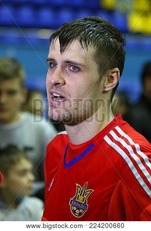 KYIV, UKRAINE - JANUARY 29, 2017: Goalkeeper Kyrylo Tsypun of Ukraine gives an interview after the friendly Futsal match against Spain at Palats of Sports in Kyiv, Ukraine