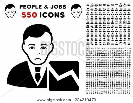 Unhappy Stock Trader icon with 550 bonus sad and happy person pictures. Vector illustration style is flat black iconic symbols.