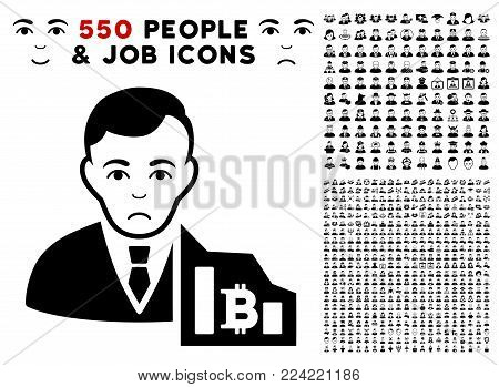 Unhappy Bitcoin Trader icon with 550 bonus pity and happy jobs graphic icons. Vector illustration style is flat black iconic symbols.