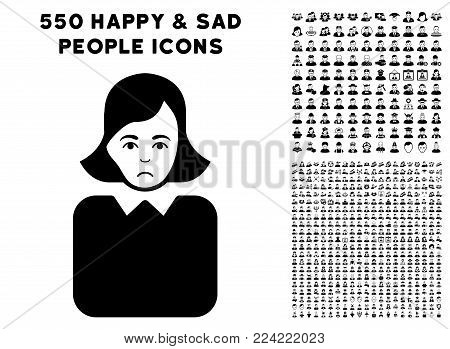Sadly Bureaucrat Woman icon with 550 bonus sad and happy user graphic icons. Vector illustration style is flat black iconic symbols.