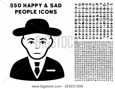 Sadly Secret Service Agent icon with 550 bonus pitiful and happy user images. Vector illustration style is flat black iconic symbols.