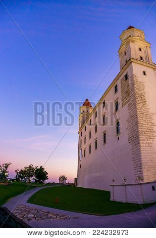 BRATISLAVA, SLOVAKIA - AUGUST 29, 2017: Bratislava Castle is the main castle of Bratislava in the evening low light.