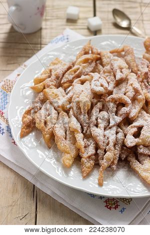 Angel Wings Biscuits, A Traditional European Sweet Dish For Carnival. Rustic Style.