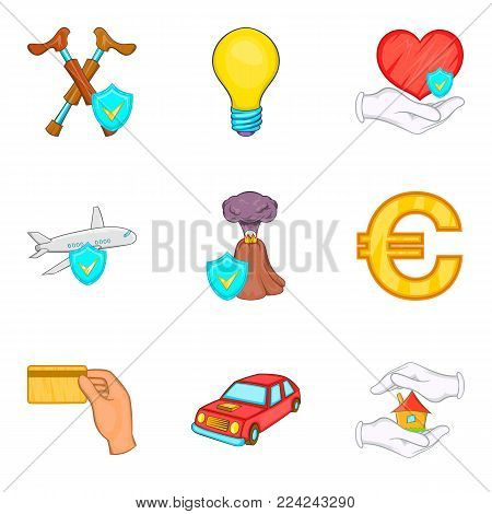 Insurance activity icons set. Cartoon set of 9 insurance activity vector icons for web isolated on white background