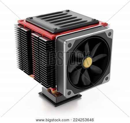 Computer CPU fan and heatsink isolated on white background. 3D illustration.