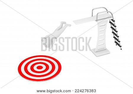 3d Person Jumpss from Jump Board to Red Target Plate on a white background. 3d Rendering.
